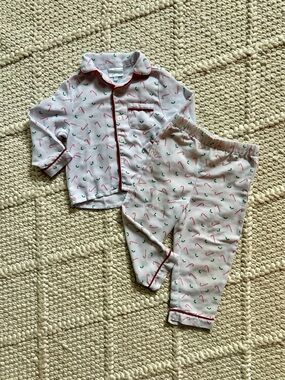 Little English White Pajama Set with Red Trim and Green Candy Cane Print